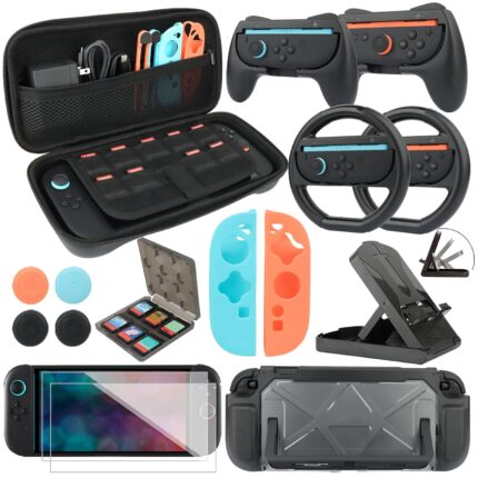 RTop Switch 2 Accessories Kit for Nintendo Switch 2 (2025),Family Bundle Accessories Kit with Carrying Case& Screen Protector,Joy Con Grips and Steering Wheels,Case Cover,Stand and More (16 in 1)